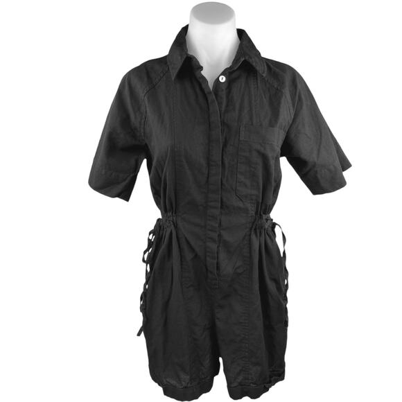 ASOS Black Button Up Shirt Pocket Short Sleeve Tie Waist Romper Jumpsuit Size 4 - Picture 1 of 5